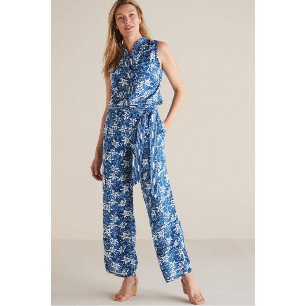 Soft Surroundings Nahla Blue Batik Floral Cropped Wide Leg Jumpsuit PM